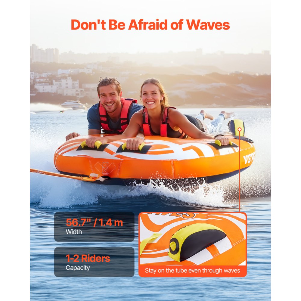 VEVOR Towable Tubes for Boating, 1-2 Riders Inflatable Towable Tube for Boat to Pull, 340lbs Capacity Boat Tubes and Towables for Water Sports - with Fins, Double-Stitched Nylon Cover & Padded Handles