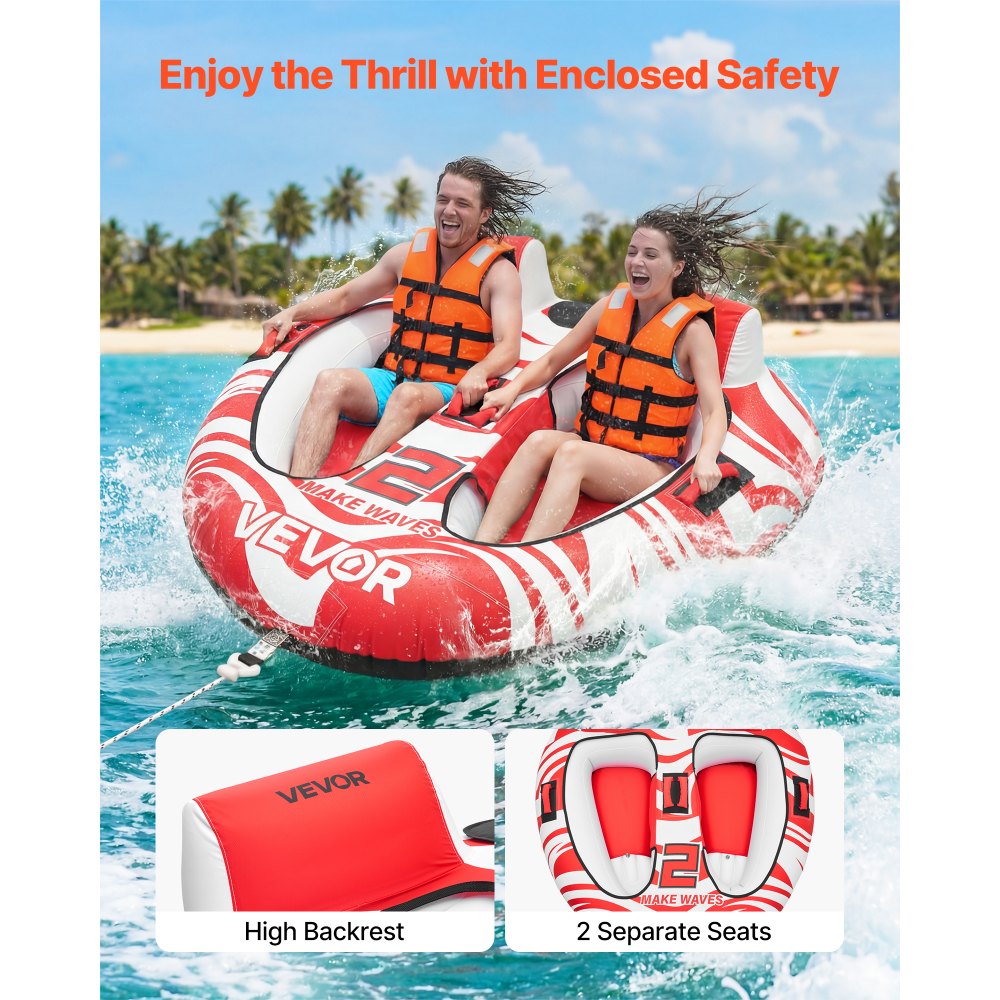 VEVOR Towable Tubes for Boating, 2-Rider Inflatable Boat Tubes and Towables, 340 lbs Capacity Water Sport Tubes for Boat to Pull - with 2 Cockpits, Full Nylon Cover, Padded Grab Handles & Safety Valve