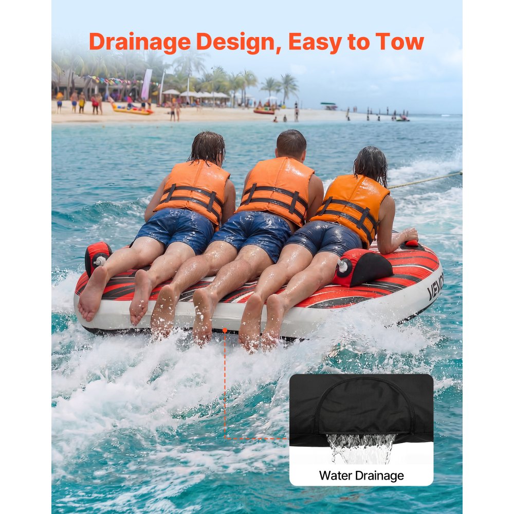 VEVOR Towable Tube for Boating, 3 Riders Inflatable Boat Tubes and Towables, 510 lbs Capacity Water Sport Towable Tube for Boat to Pull - with Fins, Full Nylon Cover, Padded Handles & Safety Valve