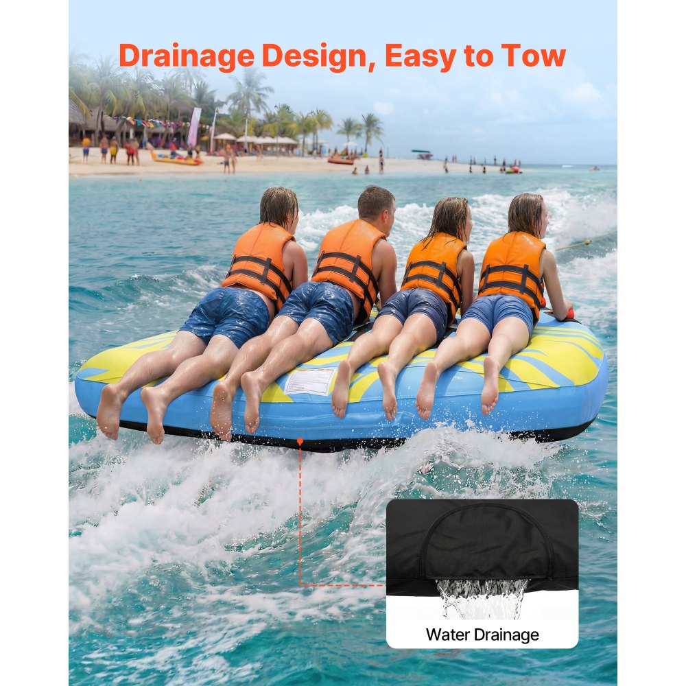 VEVOR Towable Tube for Boating, 4 Riders Inflatable Boat Tubes and Towables, 680 lbs Capacity Water Sport Towable Tube for Boat to Pull - with Fins, Full Nylon Cover, Padded Handles & Safety Valve