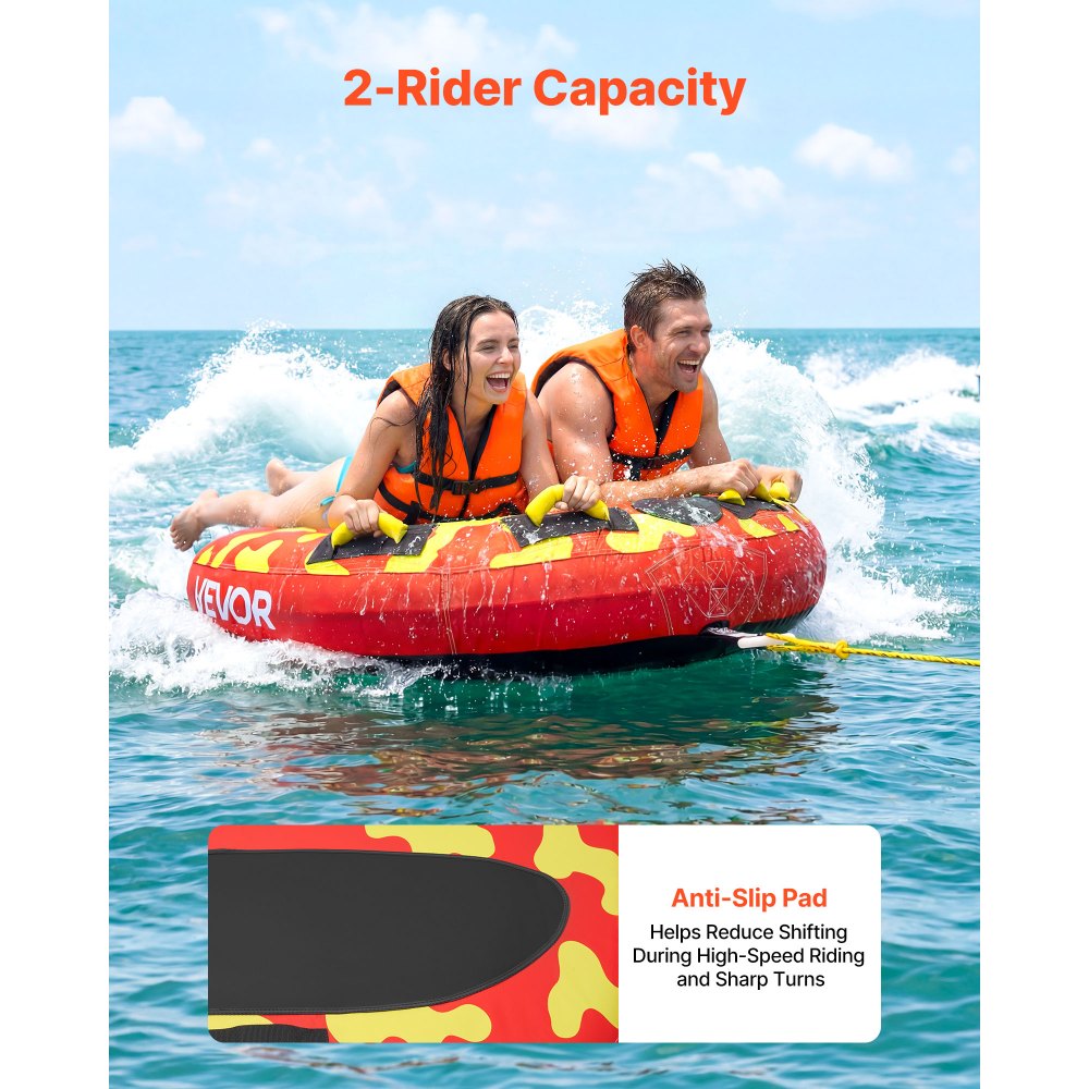 VEVOR Towable Tubes for Boating, 2-Rider Inflatable Boat Tubes and Towables, 340lbs Capacity Water Sport Tube for Boat to Pull - with Anti-Slip Pad, Full Nylon Cover, Padded Handles & Safety Valve