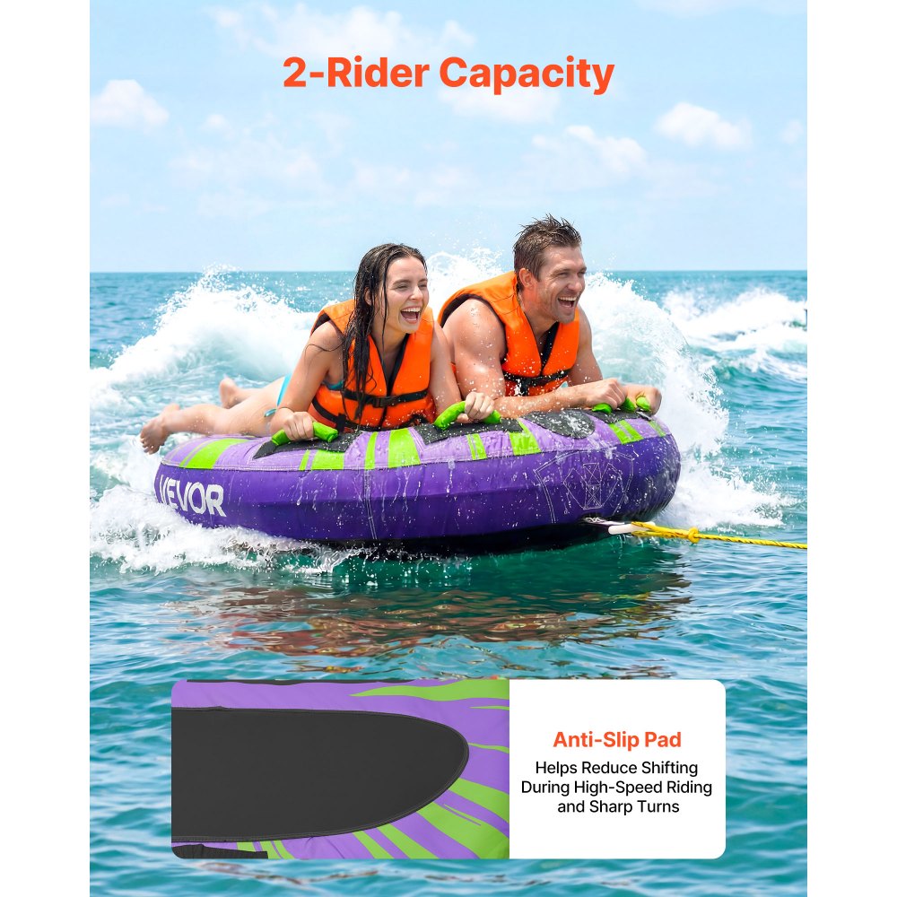 VEVOR Towable Tubes for Boating, 2-Rider Inflatable Boat Tubes and Towables, 340lbs Capacity Water Sport Tube for Boat to Pull - with Anti-Slip Pad, Full Nylon Cover, Padded Handles & Safety Valve