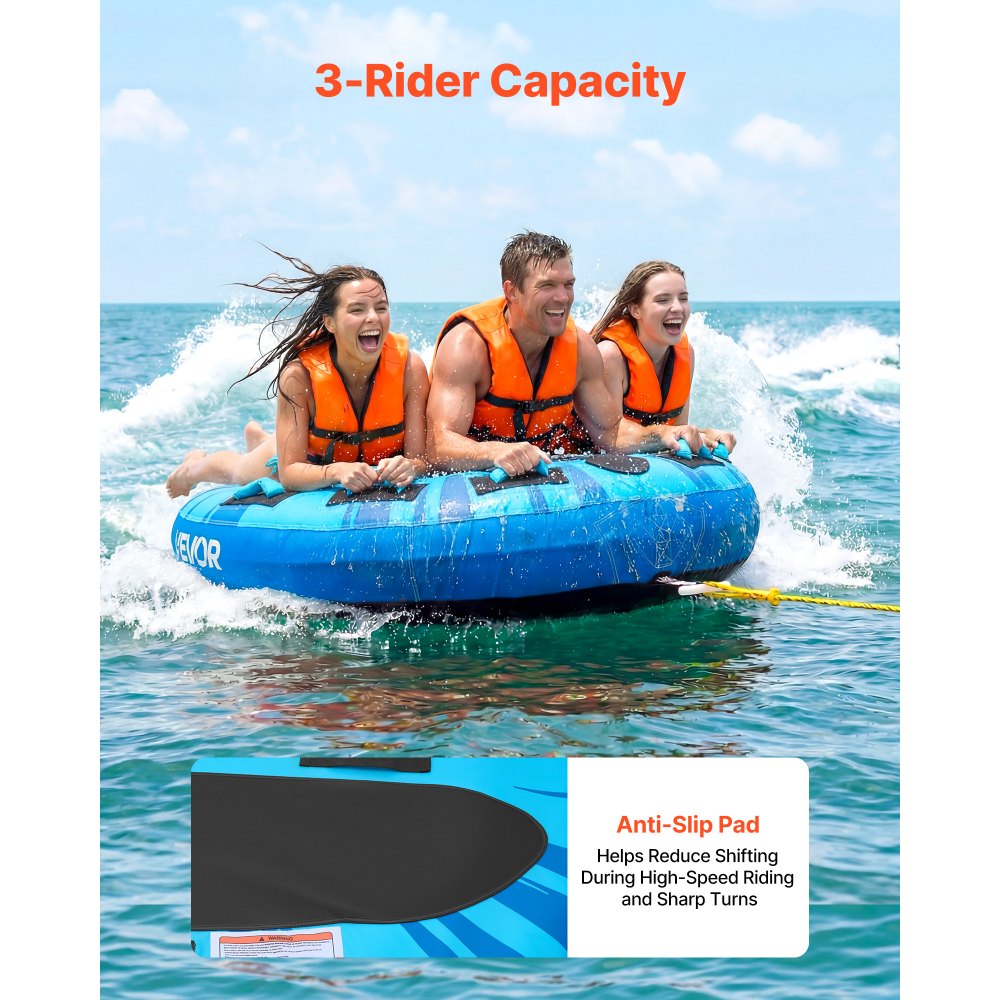 VEVOR Towable Tubes for Boating, 3-Rider Inflatable Boat Tubes and Towables, 510lbs Capacity Water Sport Tube for Boat to Pull - with Anti-Slip Pad, Full Nylon Cover, Padded Handles & Safety Valve