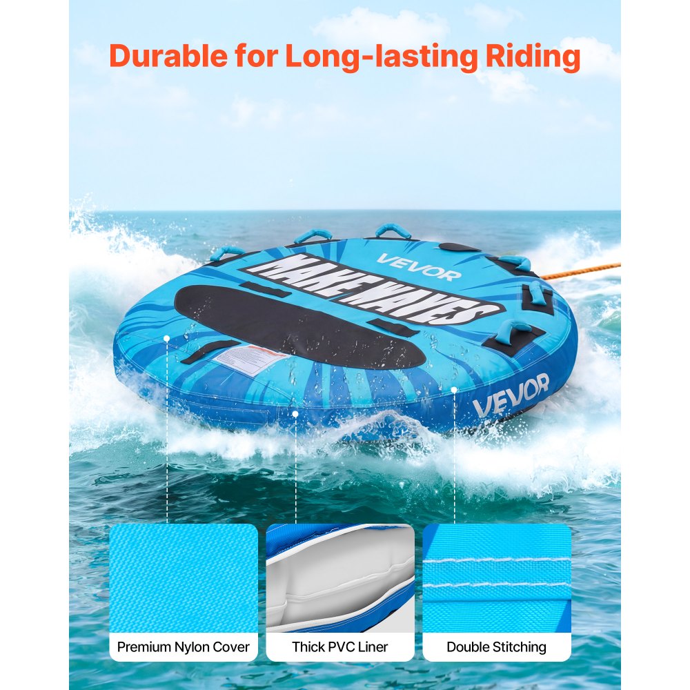 VEVOR Towable Tubes for Boating, 3-Rider Inflatable Boat Tubes and Towables, 510lbs Capacity Water Sport Tube for Boat to Pull - with Anti-Slip Pad, Full Nylon Cover, Padded Handles & Safety Valve