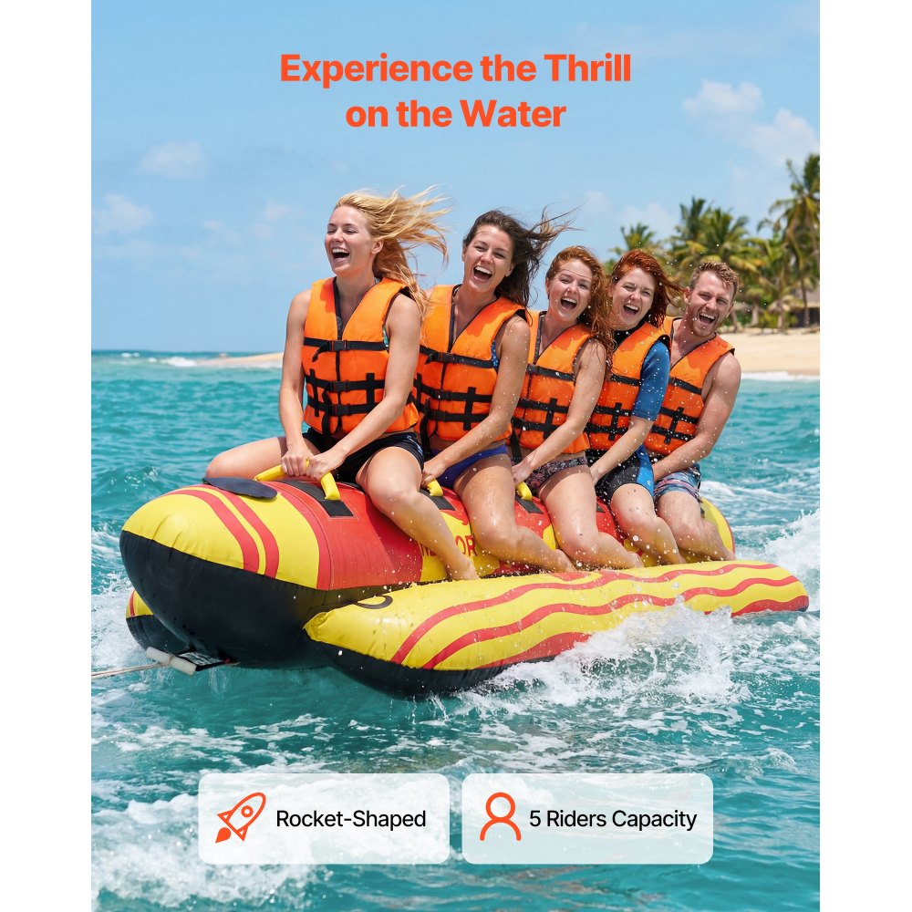 VEVOR Towable Tubes for Boating, 5 Riders Inflatable Boat Tubes and Towables, 850 lbs Capacity Water Sport Tube for Boat to Pull - with Full Nylon Cover, Padded Grip Handles & Safety Valve