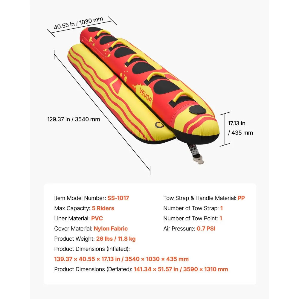 VEVOR Towable Tubes for Boating, 5 Riders Inflatable Boat Tubes and Towables, 850 lbs Capacity Water Sport Tube for Boat to Pull - with Full Nylon Cover, Padded Grip Handles & Safety Valve