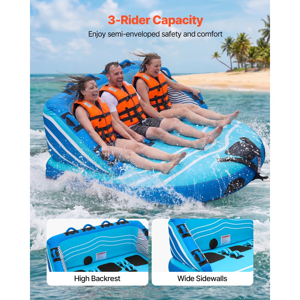 VEVOR Towable Tubes for Boating, 3-Rider Inflatable Towable Tube for Boat to Pull, 510 lbs Capacity Water Sports Boating Tubes - with Full Nylon Cover, Dual Tow Points, Safety Valve & Padded Handles