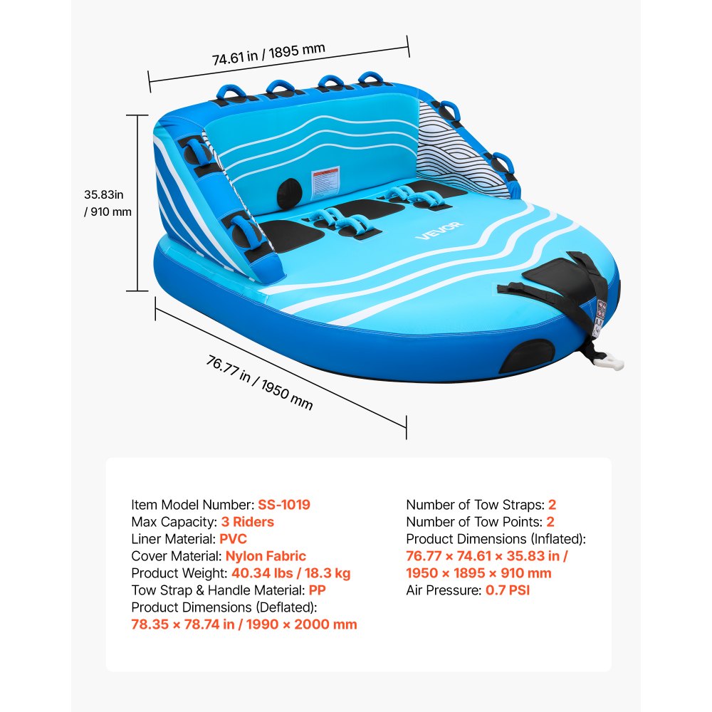 VEVOR Towable Tubes for Boating, 3-Rider Inflatable Towable Tube for Boat to Pull, 510 lbs Capacity Water Sports Boating Tubes - with Full Nylon Cover, Dual Tow Points, Safety Valve & Padded Handles