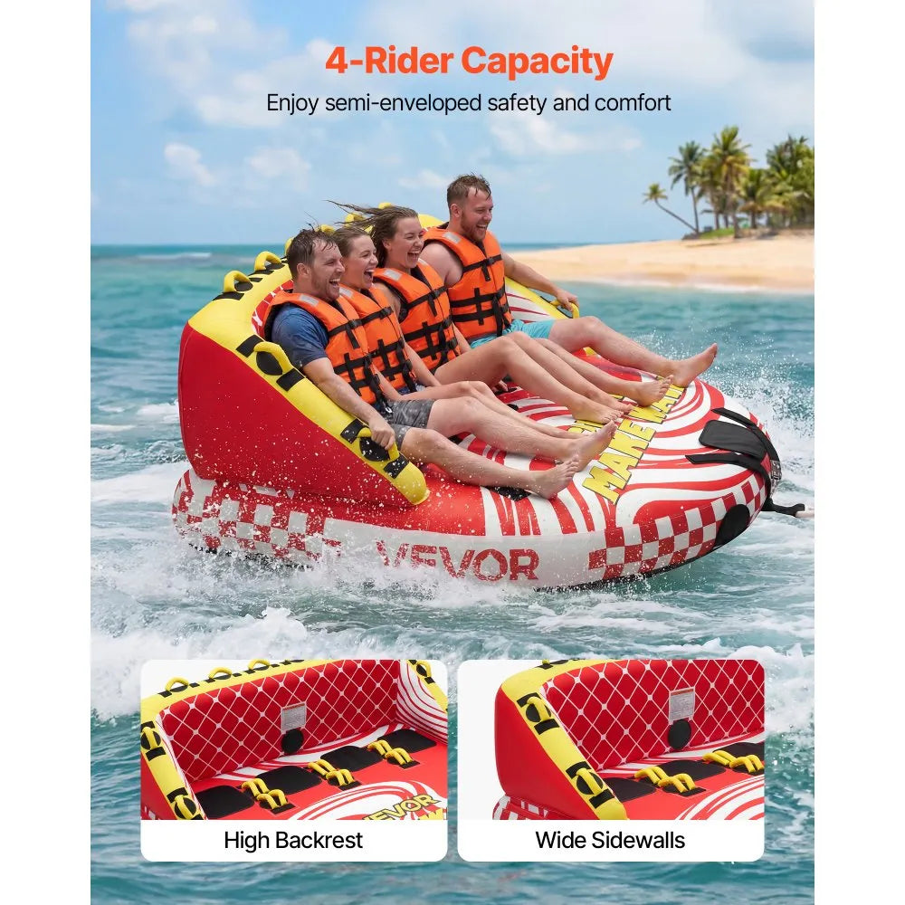 VEVOR Towable Tubes for Boating, 4-Rider Inflatable Towable Tube for Boat to Pull, 680 lbs Capacity Water Sports Boating Tubes - with Full Nylon Cover, Dual Tow Points, Safety Valve & Padded Handles