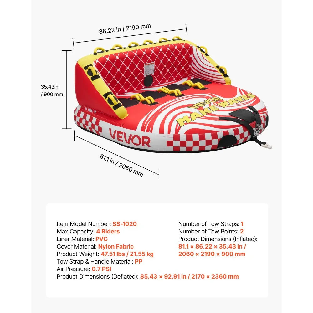 VEVOR Towable Tubes for Boating, 4-Rider Inflatable Towable Tube for Boat to Pull, 680 lbs Capacity Water Sports Boating Tubes - with Full Nylon Cover, Dual Tow Points, Safety Valve & Padded Handles