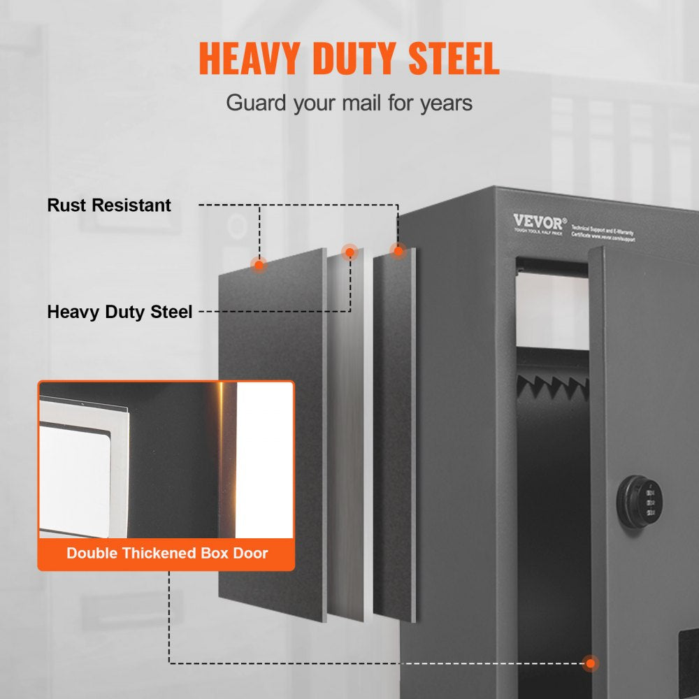 VEVOR Through The Wall Drop Box, Heavy Duty Steel Through The Wall Mailbox with 2.8-7.9" 13" Combination Lock, 12.5x6.3x16.9 Mail Drop Box, Dark Gray