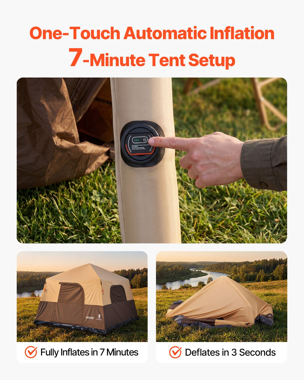 VEVOR Camping Tent, 6 Person Inflatable Cabin Tent with Rechargeable Pump, TPU Air Tube & 4 Large Mesh Windows, Portable Easy Setup Waterproof with Carry Bag for Family Outdoor Camping & Hiking, Beige