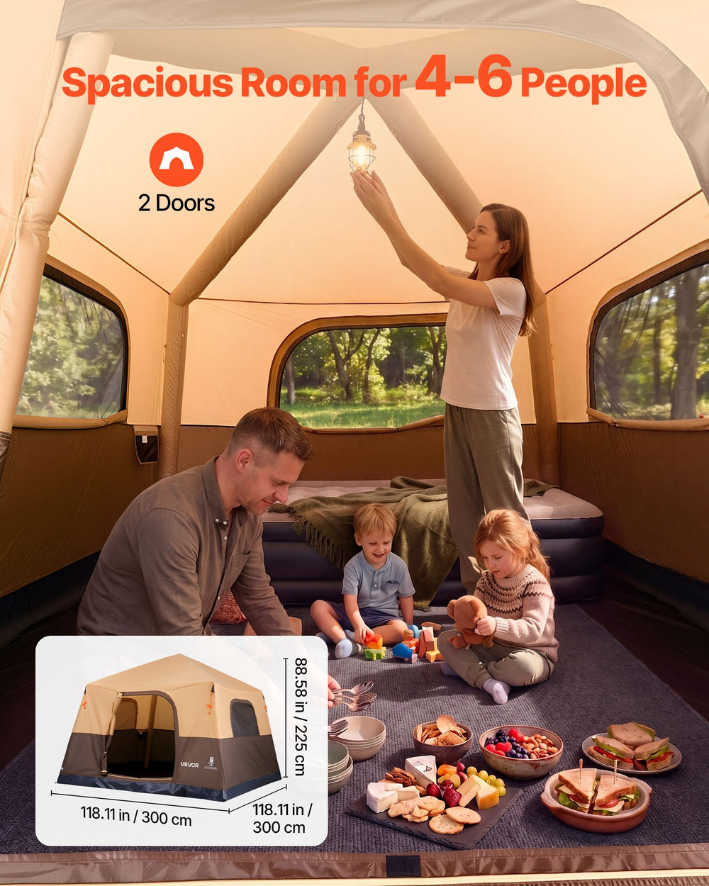 VEVOR Camping Tent, 6 Person Inflatable Cabin Tent with Rechargeable Pump, TPU Air Tube & 4 Large Mesh Windows, Portable Easy Setup Waterproof with Carry Bag for Family Outdoor Camping & Hiking, Beige
