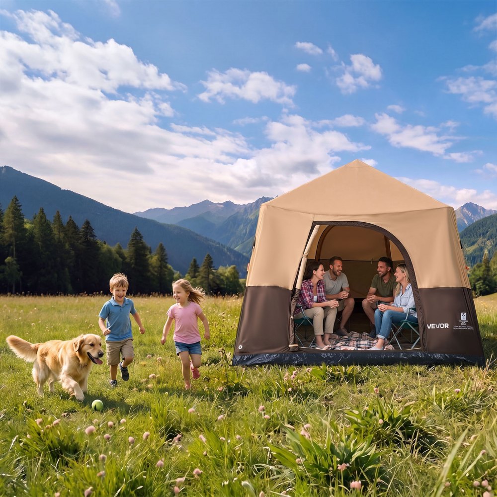 VEVOR Camping Tent, 8 Person Inflatable Cabin Tent with Rechargeable Pump, TPU Air Tube & 4 Large Mesh Windows, Portable Easy Setup Waterproof with Carry Bag for Family Outdoor Camping & Hiking, Beige