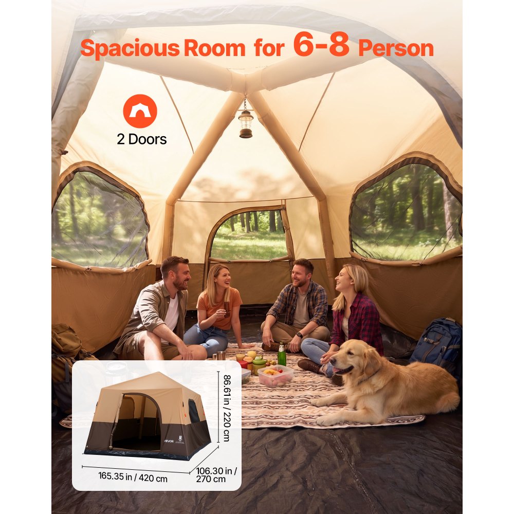 VEVOR Camping Tent, 8 Person Inflatable Cabin Tent with Rechargeable Pump, TPU Air Tube & 4 Large Mesh Windows, Portable Easy Setup Waterproof with Carry Bag for Family Outdoor Camping & Hiking, Beige