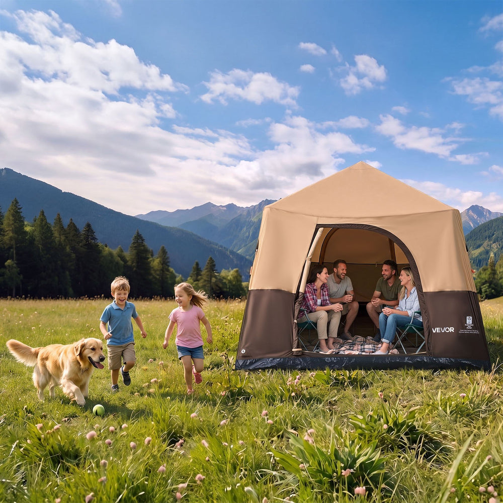 VEVOR Camping Tent, 8 Person Inflatable Cabin Tent with Rechargeable Pump, TPU Air Tube & 4 Large Mesh Windows, Portable Easy Setup Waterproof with Carry Bag for Family Outdoor Camping & Hiking, Beige