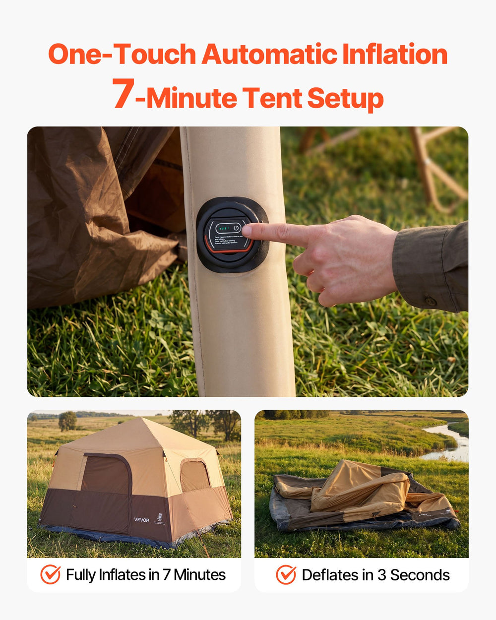 VEVOR Camping Tent, 8 Person Inflatable Cabin Tent with Rechargeable Pump, TPU Air Tube & 4 Large Mesh Windows, Portable Easy Setup Waterproof with Carry Bag for Family Outdoor Camping & Hiking, Beige