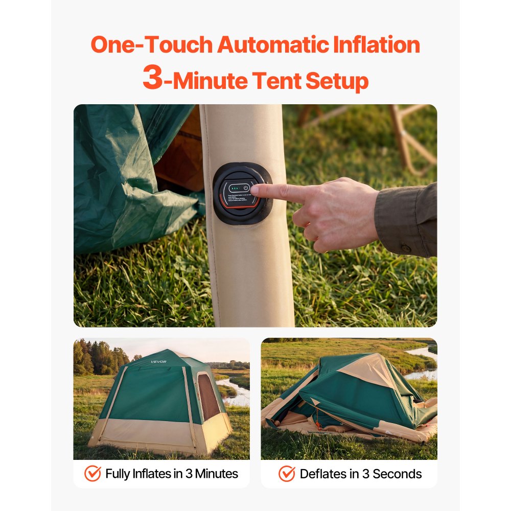 VEVOR Camping Tent, 4 Person Inflatable Cabin Tent with Rechargeable Pump, TPU Air Tube & 5 Large Mesh Windows, Portable Easy Setup Waterproof with Carry Bag for Family Outdoor Camping & Hiking, Green