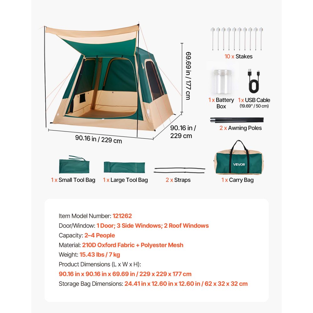 VEVOR Camping Tent, 4 Person Inflatable Cabin Tent with Rechargeable Pump, TPU Air Tube & 5 Large Mesh Windows, Portable Easy Setup Waterproof with Carry Bag for Family Outdoor Camping & Hiking, Green