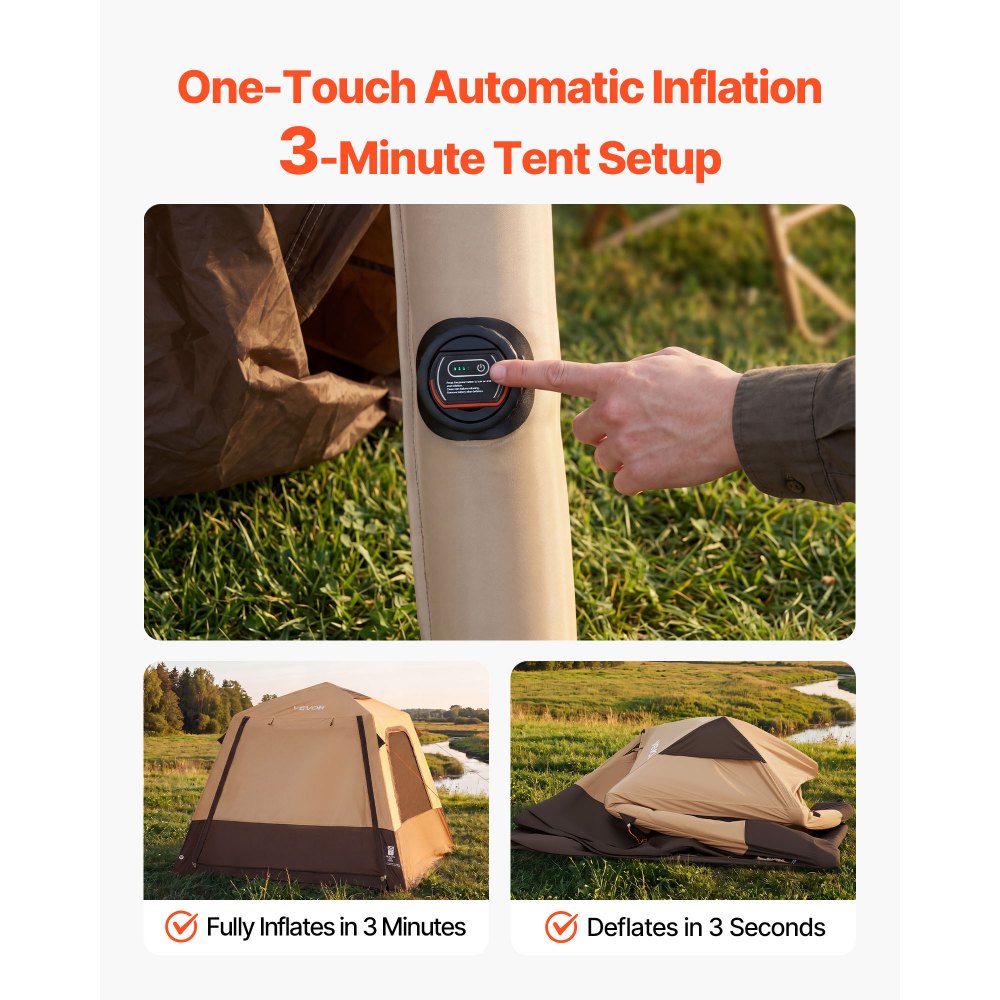 VEVOR Camping Tent, 4 Person Inflatable Cabin Tent with Rechargeable Pump, TPU Air Tube & 5 Large Mesh Windows, Portable Easy Setup Waterproof with Carry Bag for Family Outdoor Camping & Hiking, Beige