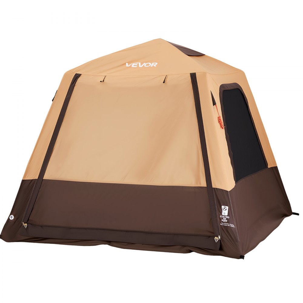 VEVOR Camping Tent, 4 Person Inflatable Cabin Tent with Rechargeable Pump, TPU Air Tube & 5 Large Mesh Windows, Portable Easy Setup Waterproof with Carry Bag for Family Outdoor Camping & Hiking, Beige