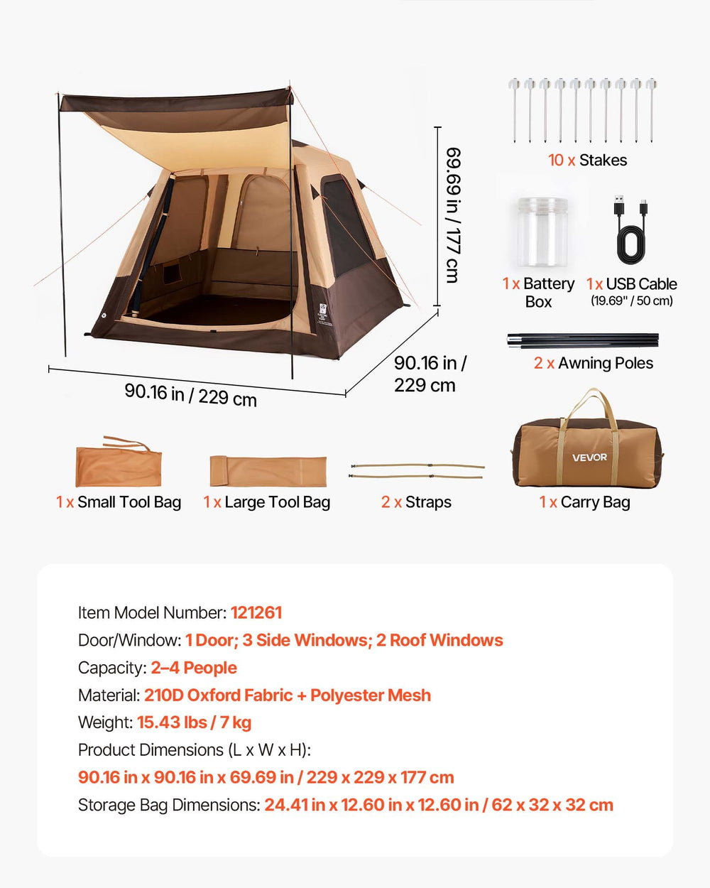 VEVOR Camping Tent, 4 Person Inflatable Cabin Tent with Rechargeable Pump, TPU Air Tube & 5 Large Mesh Windows, Portable Easy Setup Waterproof with Carry Bag for Family Outdoor Camping & Hiking, Beige