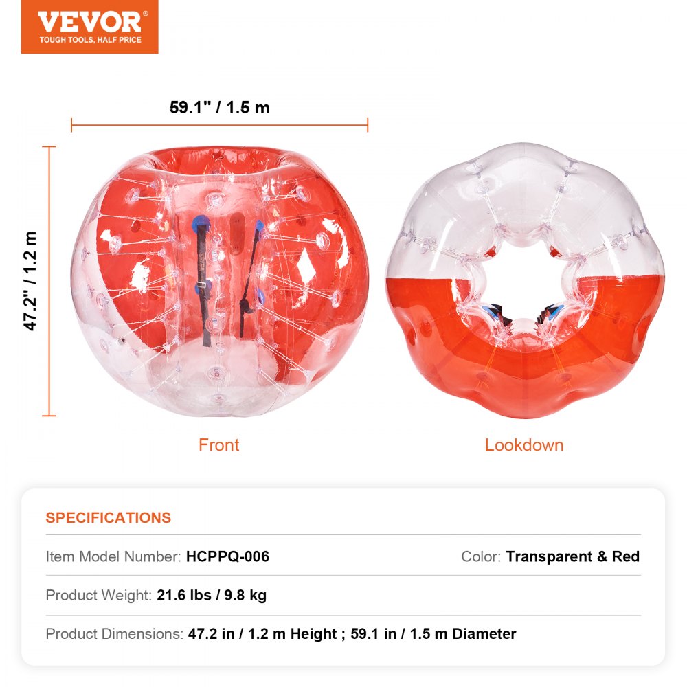 VEVOR Inflatable Bumper Ball 1-Pack, 5FT/1.5M Body Sumo Zorb Balls for Teen & Adult, 0.8mm Thick PVC Human Hamster Bubble Balls for Outdoor Team Gaming Play, Bumper Bopper Toys for Garden, Yard, Park