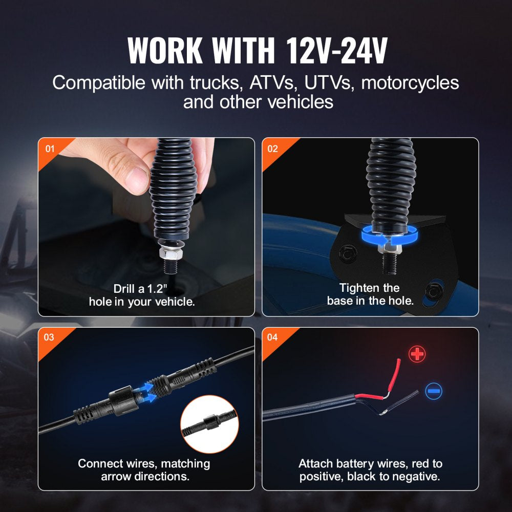VEVOR 2 PCS 4 FT Whip Light with Spring Base, Led Whip Light with APP & Remote Control, Waterproof 360° Spiral RGB Chasing Lighted Whips with 2 Flags, for UTVs, ATVs, Motorcycles, RZR, Can-am, Go-kart