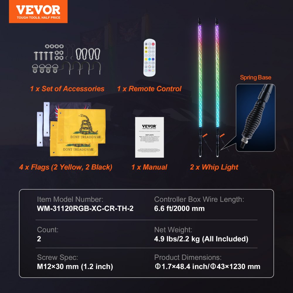 VEVOR 2 PCS 4 FT Whip Light with Spring Base, Led Whip Light with APP & Remote Control, Waterproof 360° Spiral RGB Chasing Lighted Whips with 2 Flags, for UTVs, ATVs, Motorcycles, RZR, Can-am, Go-kart