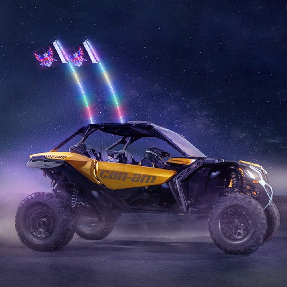VEVOR 2 PCS 4 FT Whip Light, APP & RF Remote Control Led Whip Light, Waterproof 360° Spiral RGB Chasing Lighted Whips with 4 Flags, for UTVs, ATVs, Motorcycles, RZR, Can-am, Trucks, Off-road, Go-karts