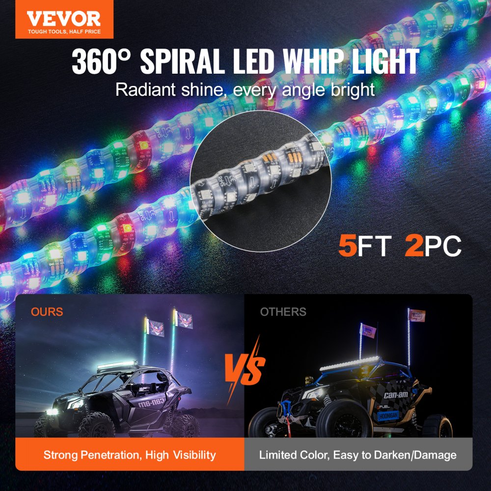 VEVOR 2 PCS 5 FT Whip Light, APP & RF Remote Control Led Whip Light, Waterproof 360° Spiral RGB Chasing Lighted Whips with 4 Flags, for UTVs, ATVs, Motorcycles, RZR, Can-am, Trucks, Off-road, Go-karts