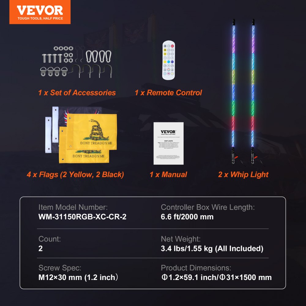 VEVOR 2 PCS 5 FT Whip Light, APP & RF Remote Control Led Whip Light, Waterproof 360° Spiral RGB Chasing Lighted Whips with 4 Flags, for UTVs, ATVs, Motorcycles, RZR, Can-am, Trucks, Off-road, Go-karts