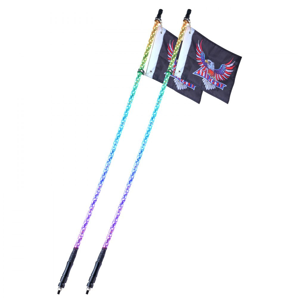VEVOR 2 PCS 5 FT Whip Light, APP & RF Remote Control Led Whip Light, Waterproof 360° Spiral RGB Chasing Lighted Whips with 4 Flags, for UTVs, ATVs, Motorcycles, RZR, Can-am, Trucks, Off-road, Go-karts