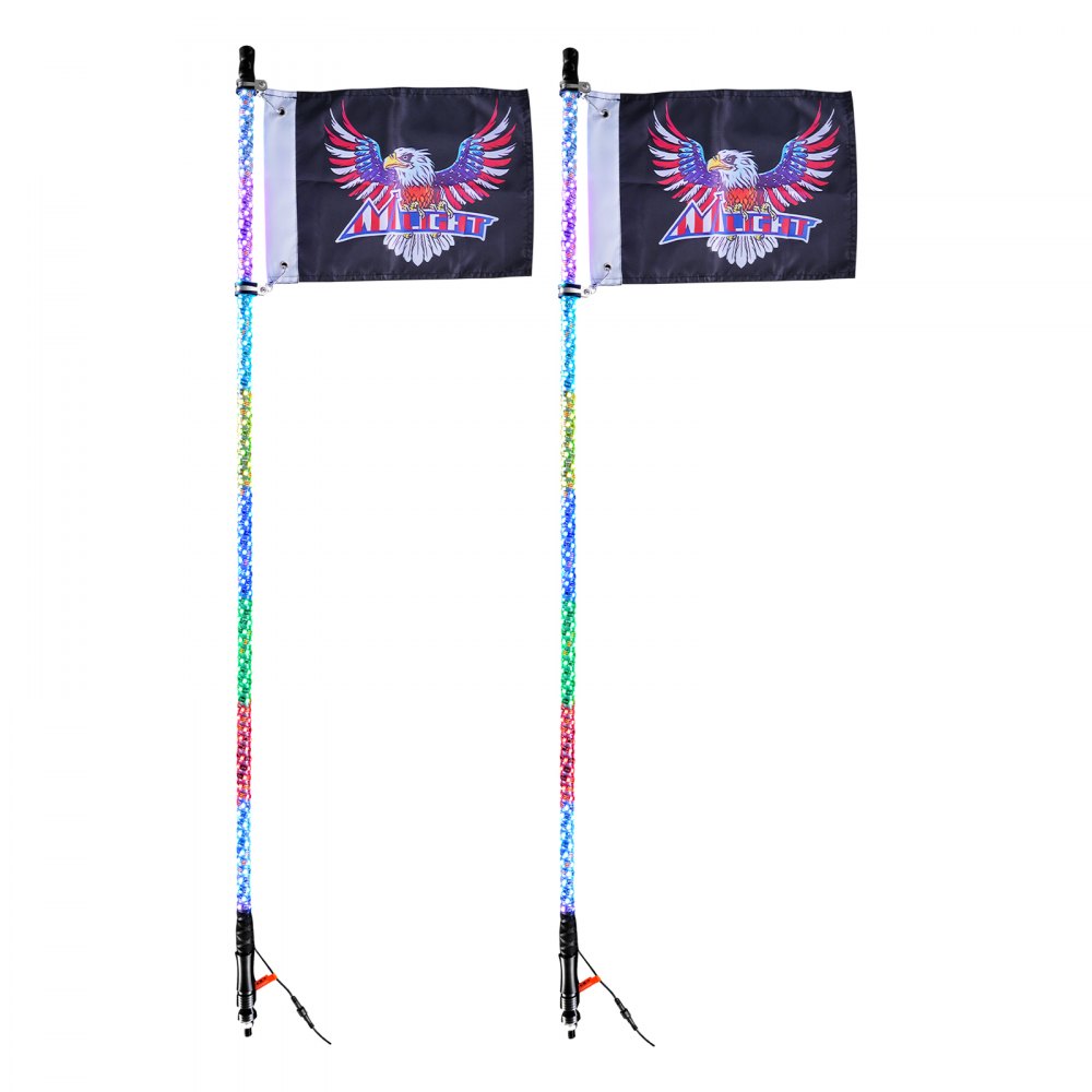 VEVOR 2 PCS 5 FT Whip Light, APP & RF Remote Control Led Whip Light, Waterproof 360° Spiral RGB Chasing Lighted Whips with 4 Flags, for UTVs, ATVs, Motorcycles, RZR, Can-am, Trucks, Off-road, Go-karts