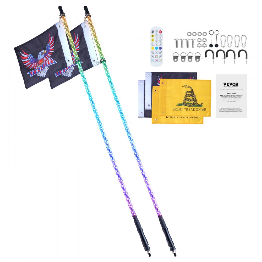 VEVOR 2 PCS 5 FT Whip Light, APP & RF Remote Control Led Whip Light, Waterproof 360° Spiral RGB Chasing Lighted Whips with 4 Flags, for UTVs, ATVs, Motorcycles, RZR, Can-am, Trucks, Off-road, Go-karts