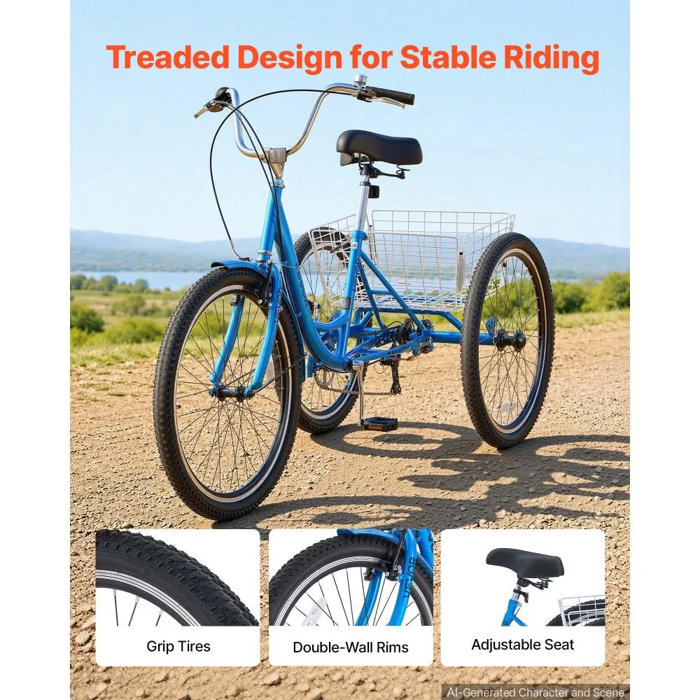 VEVOR Adult Tricycle 26 inch 7 Speed Trikes for Adult 3 Wheel Cruiser Bike, w/ Cargo Basket, Adjustable Seat, and Double-Wall Wheel Rims, Carbon Steel Shopping Tricycles for Women, Men, Senior (Blue)
