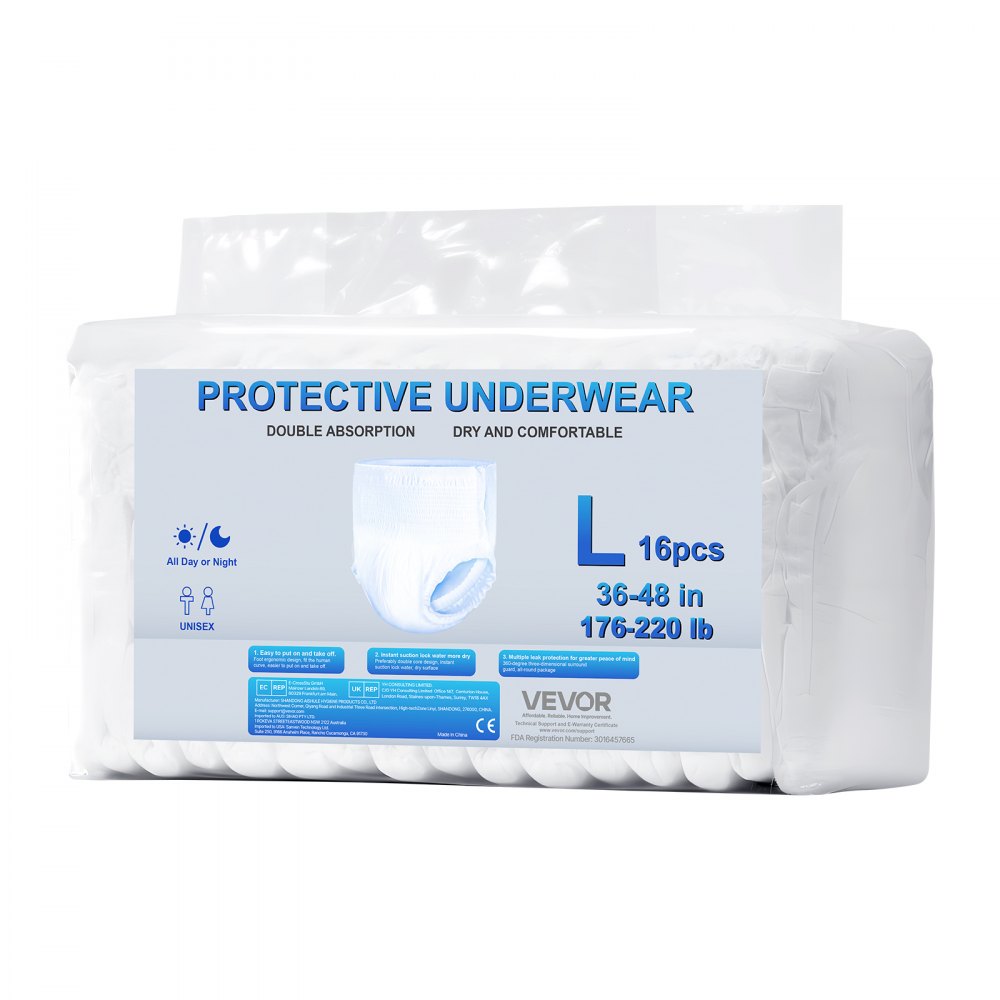 VEVOR Adult Incontinence Underwear, High Absorbent Protective Underwear for Men & Women, Disposable Adult Pull-ups Diaper with Leakproof Leg Cuff & Wetness Indicator - L Size, 64 Count (4 Packs of 16)