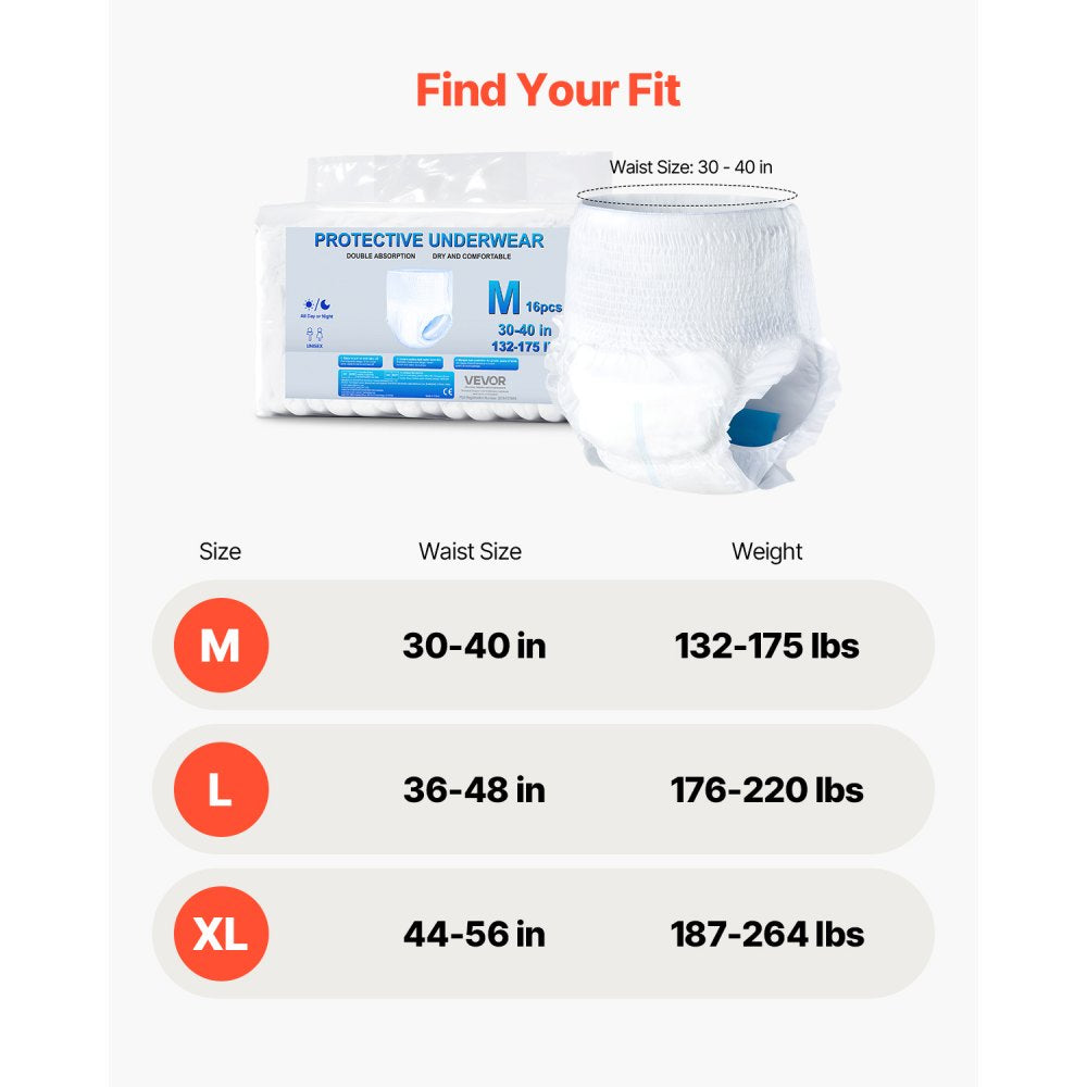 VEVOR Adult Incontinence Underwear, High Absorbent Protective Underwear for Men & Women, Disposable Adult Pull-ups Diapers with Leakproof Leg Cuff & Wetness Indicator - M Size, 64 Count (4 Pack of 16)
