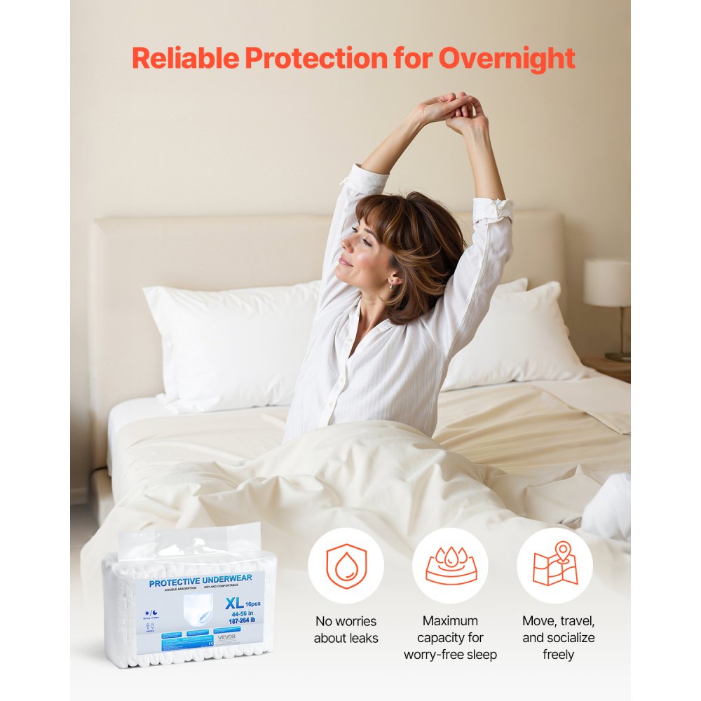 VEVOR Adult Incontinence Underwear, High Absorbent Protective Underwear for Men & Women, Disposable Adult Pull-ups Diaper with Leakproof Leg Cuff & Wetness Indicator - XL Size, 64 Count (4 Pack of 16)