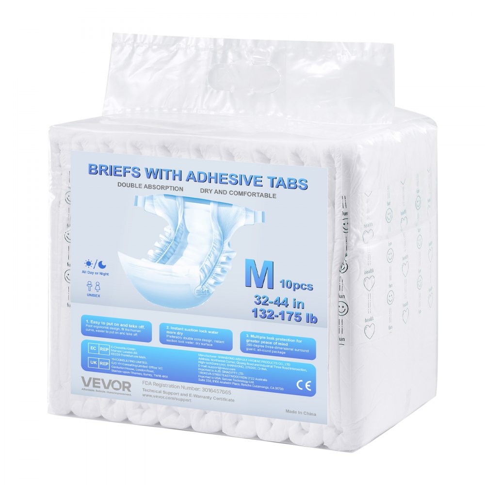 VEVOR Adult Briefs with Tabs, Super Absorbent Incontinence Briefs for Men and Women, Disposable Adult Diapers with Leakproof 3D Surround Guard & Wetness Indicator - M Size, 40 Count (4 Packs of 10)