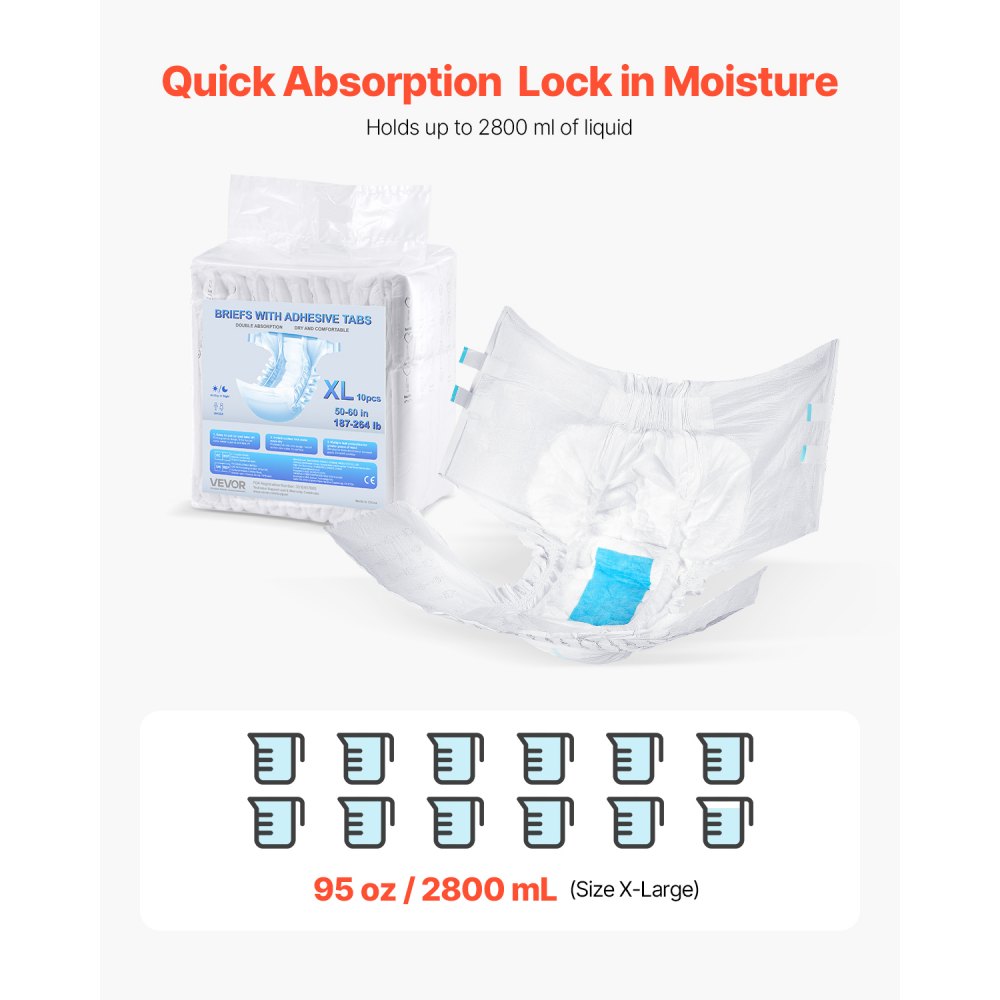 VEVOR Adult Briefs with Tabs, Super Absorbent Incontinence Briefs for Men and Women, Disposable Adult Diapers with Leakproof 3D Surround Guard & Wetness Indicator - XL Size, 40 Count (4 Packs of 10)