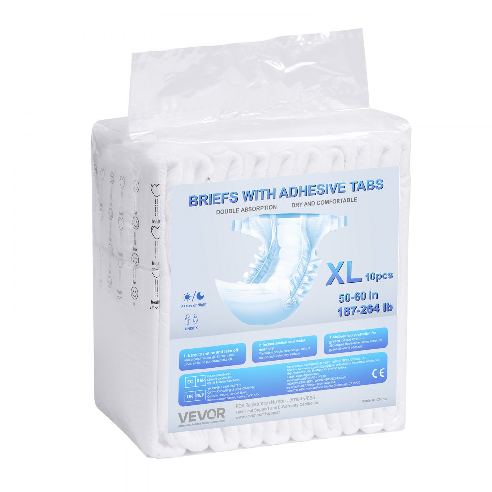 VEVOR Adult Briefs with Tabs, Super Absorbent Incontinence Briefs for Men and Women, Disposable Adult Diapers with Leakproof 3D Surround Guard & Wetness Indicator - XL Size, 40 Count (4 Packs of 10)