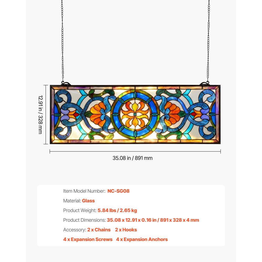 VEVOR Stained Glass Window Panel, 35.1" x 12.9" Tiffany Style Hanging Transom Window Panel with Chain, Large Horizontal Rectangle Stain Glass, Vintage Traditional Art Handcrafts for Kitchen Home Decor