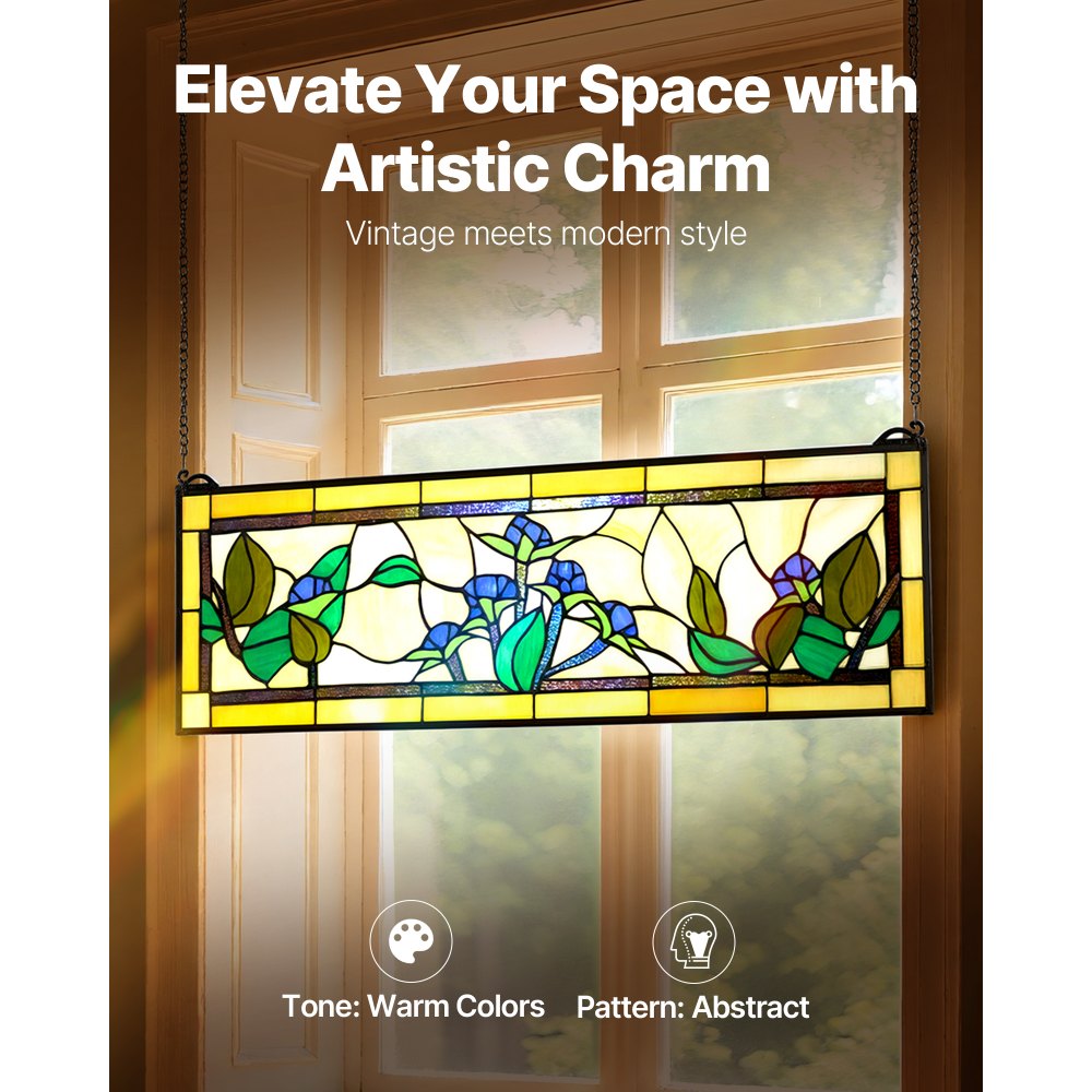 VEVOR Stained Glass Window Panel, 35.2" x 13.1" Tiffany Style Hanging Transom Window Panel with Chain, Large Horizontal Rectangle Stain Glass, Vintage Traditional Art Handcrafts for Kitchen Home Decor