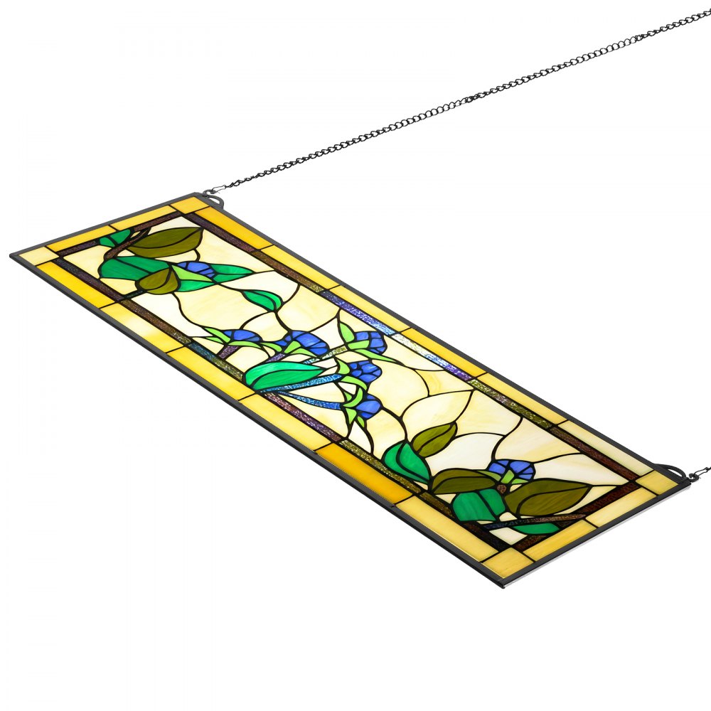 VEVOR Stained Glass Window Panel, 35.2" x 13.1" Tiffany Style Hanging Transom Window Panel with Chain, Large Horizontal Rectangle Stain Glass, Vintage Traditional Art Handcrafts for Kitchen Home Decor