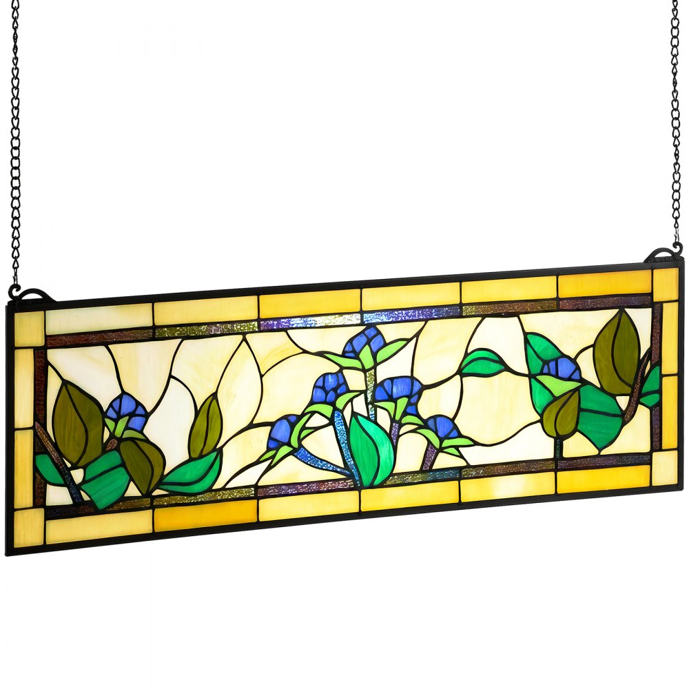 VEVOR Stained Glass Window Panel, 35.2" x 13.1" Tiffany Style Hanging Transom Window Panel with Chain, Large Horizontal Rectangle Stain Glass, Vintage Traditional Art Handcrafts for Kitchen Home Decor
