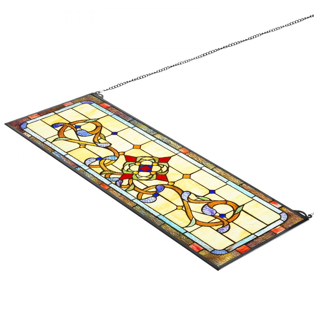 VEVOR Stained Glass Window Panel, 32" x 11" Tiffany Style Hanging Transom Window Panel with Chain, Large Horizontal Rectangle Stain Glass, Vintage Traditional Art Handcrafts for Kitchen Home Decor