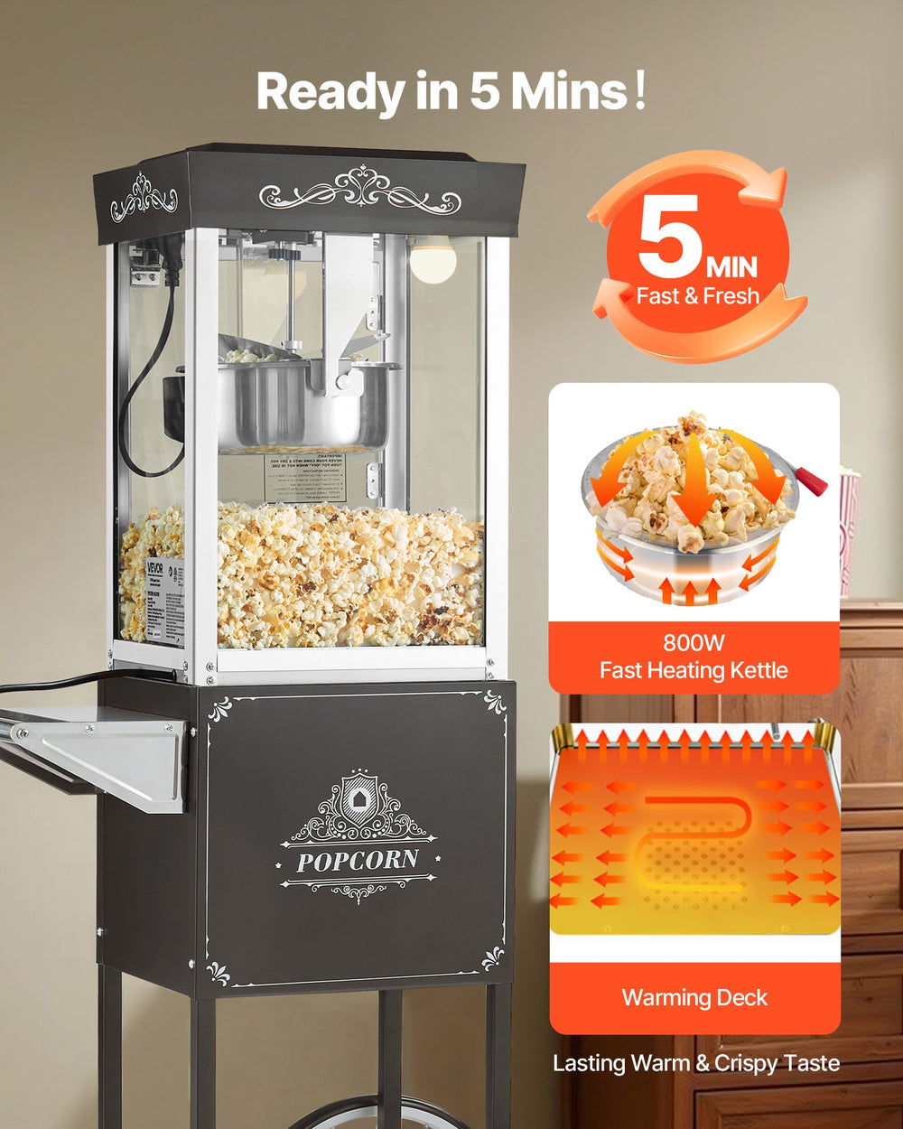VEVOR Popcorn Machine with Cart, 8oz Stainless Steel Kettle, 800W Commercial Popcorn Maker, 48 Cups per Batch Theater Style Popper, with 2-Button Control Glass Wall PC Door 1 Scoop 3 Spoons, Black