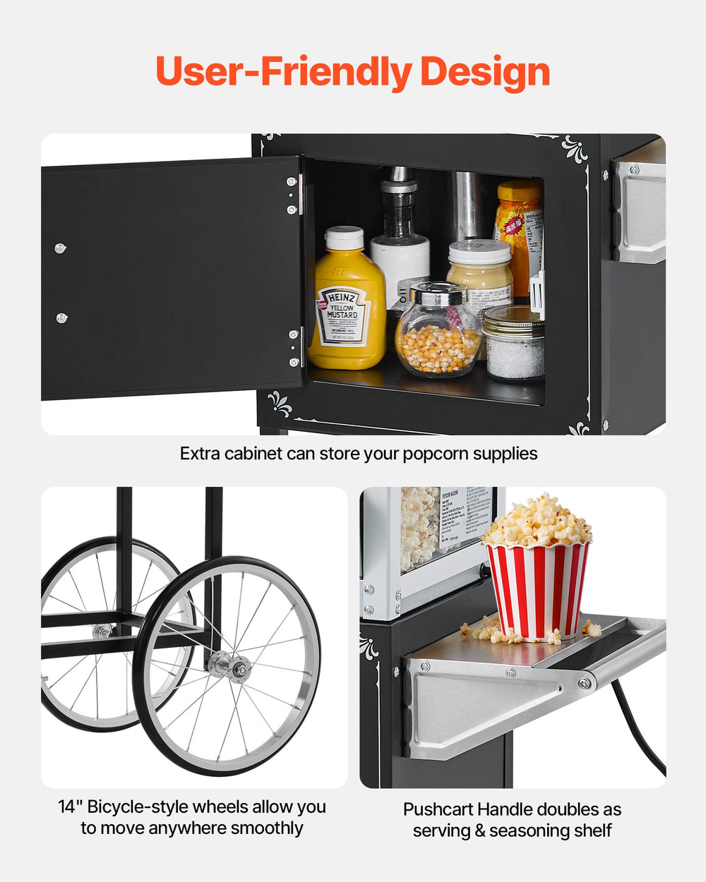VEVOR Popcorn Machine with Cart, 8oz Stainless Steel Kettle, 800W Commercial Popcorn Maker, 48 Cups per Batch Theater Style Popper, with 2-Button Control Glass Wall PC Door 1 Scoop 3 Spoons, Black