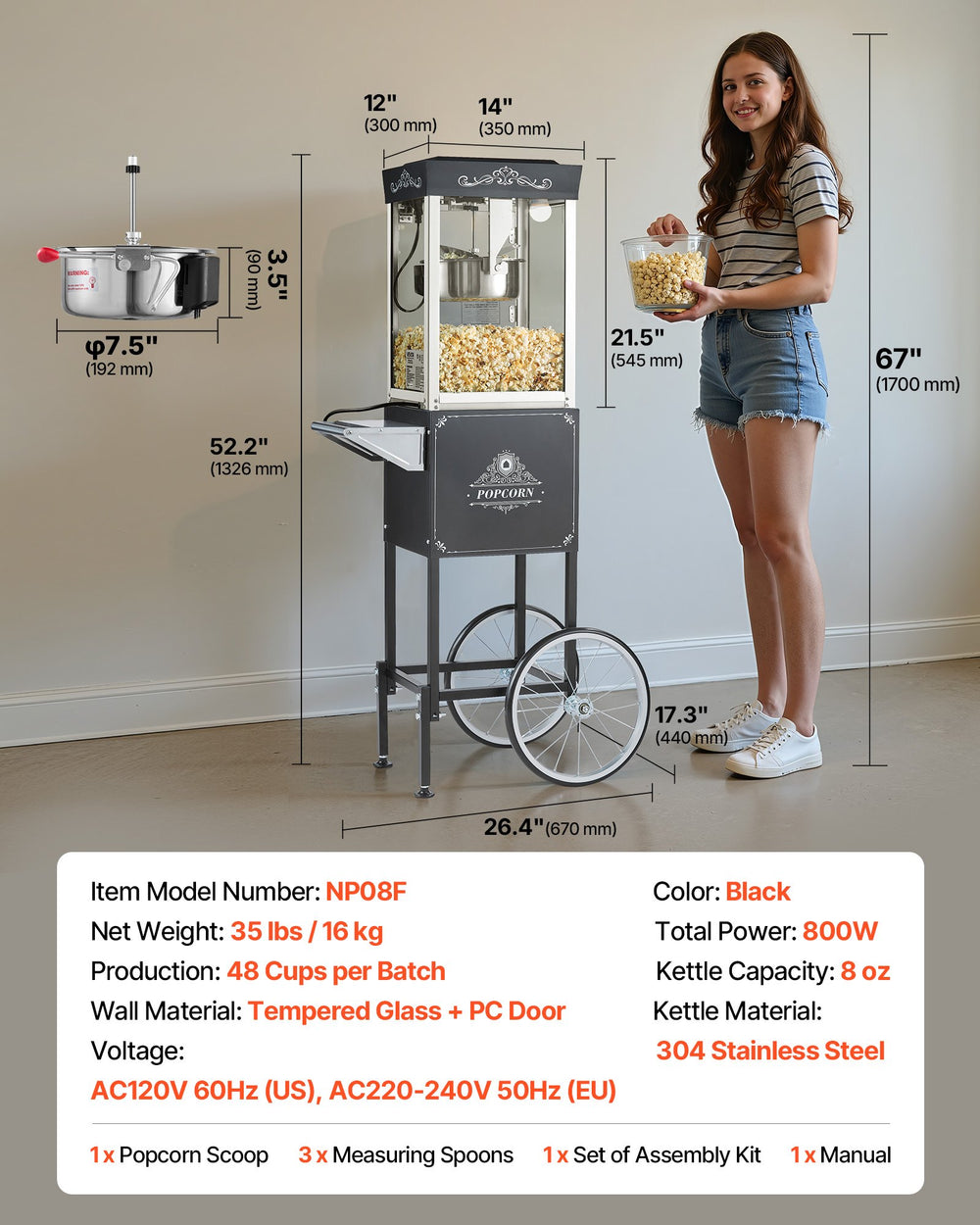 VEVOR Popcorn Machine with Cart, 8oz Stainless Steel Kettle, 800W Commercial Popcorn Maker, 48 Cups per Batch Theater Style Popper, with 2-Button Control Glass Wall PC Door 1 Scoop 3 Spoons, Black